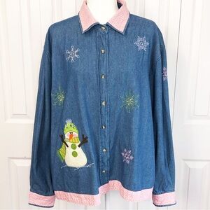 Vintage Lighthouse Apparel XXL Denim Snowmen & Snowflake Button Up Shirt